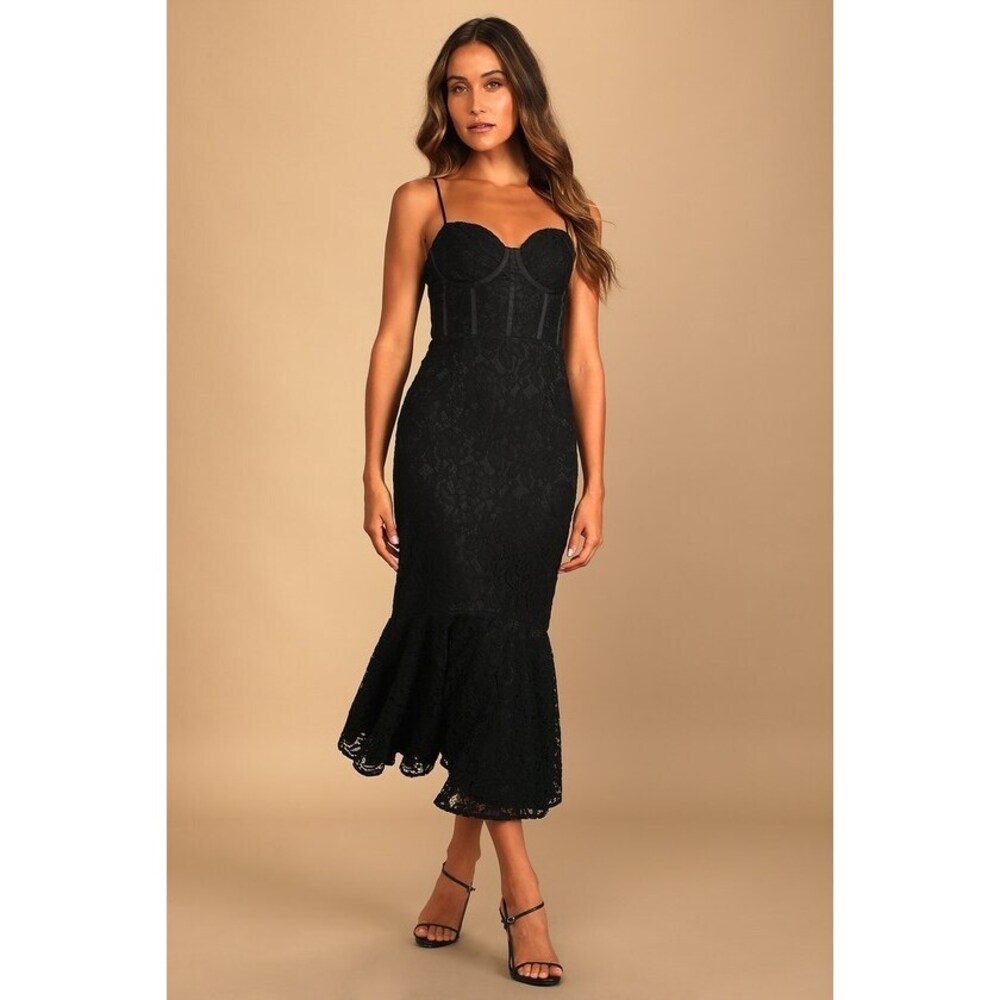 Lulus Found Your Love Black Lace Sleeveless Trumpet Midi Dress - Size L